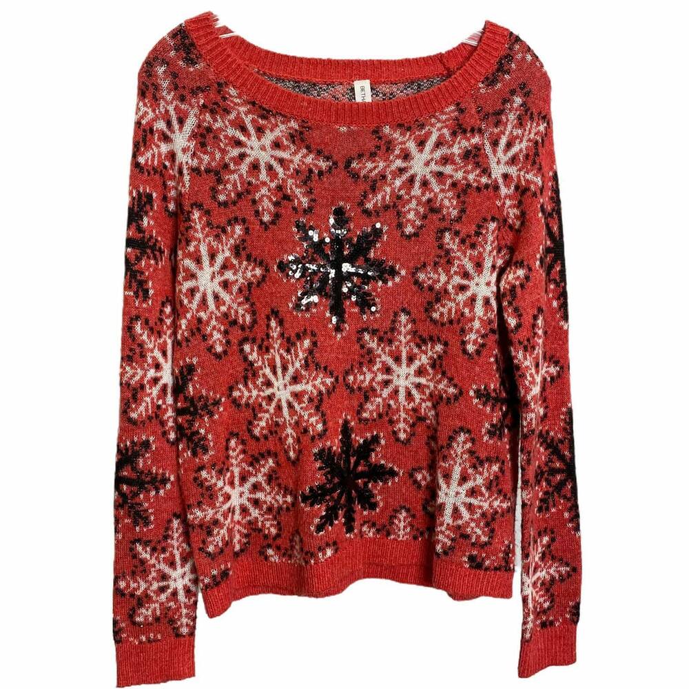 Bethany Mota Women's Sweater Tight Knit Red Pullover Snowflakes Scoop Neck Sz SP